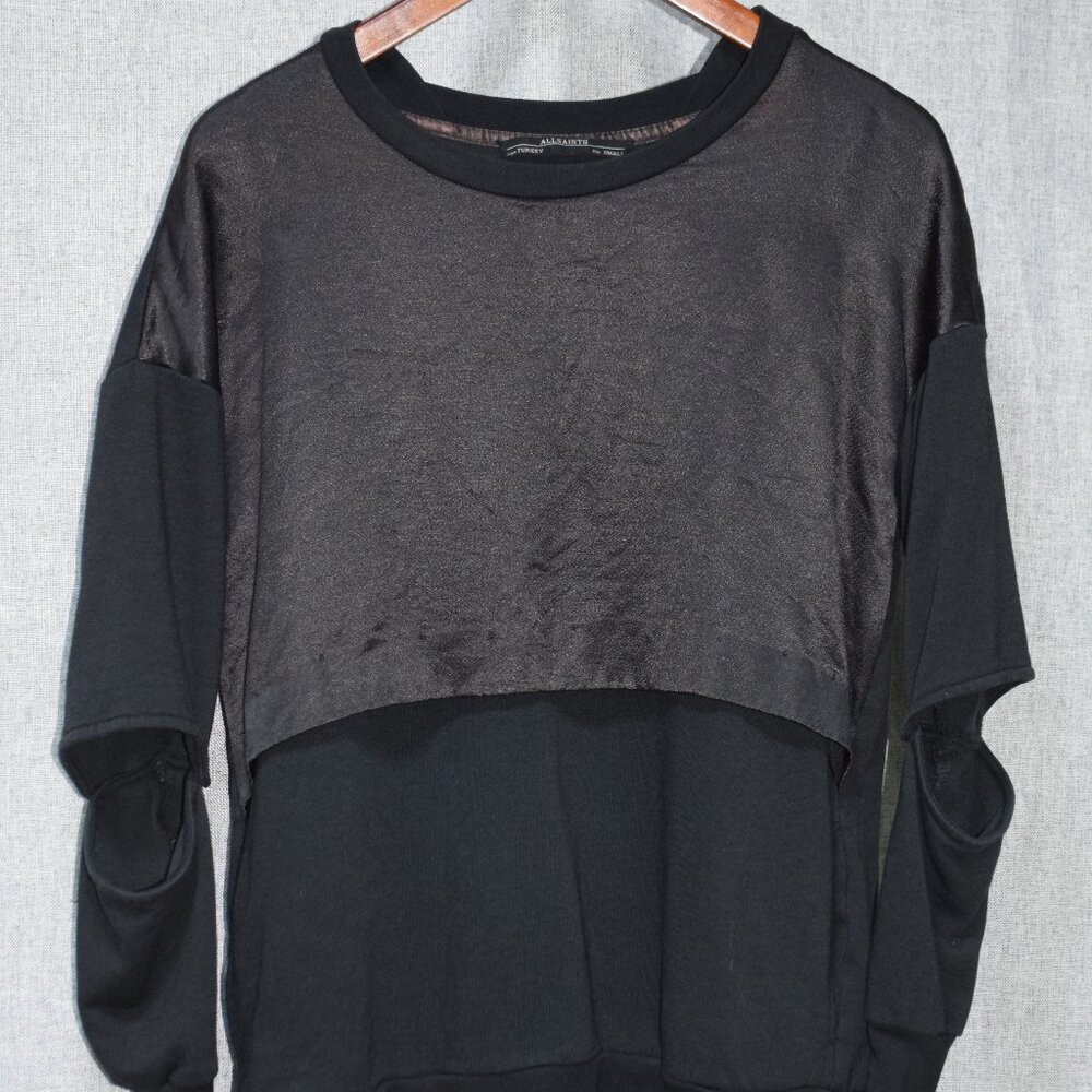 All Saints Black Satin Panel Sweatshirt w/ Cut-Out Elbows Women’s Small